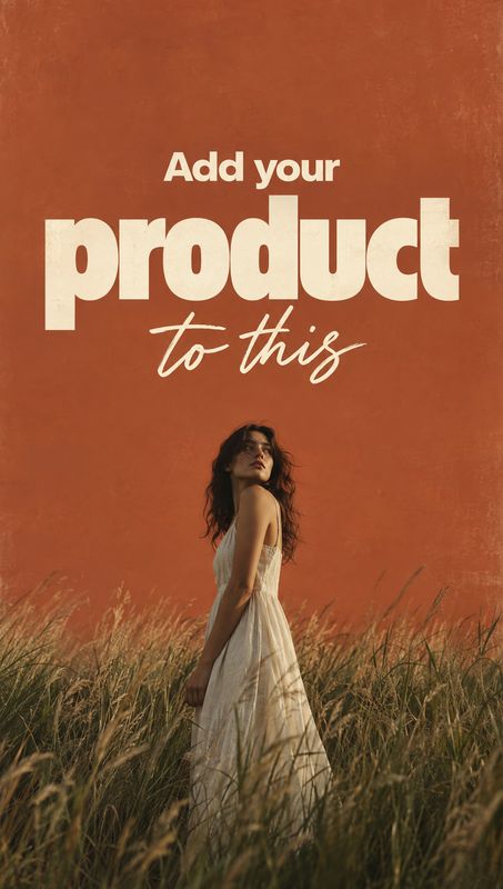 look book product photo: A woman in a flowing ivory dress stands amid tall grasses beneath a terracotta sky, with bold cream display lettering creating a warm,…