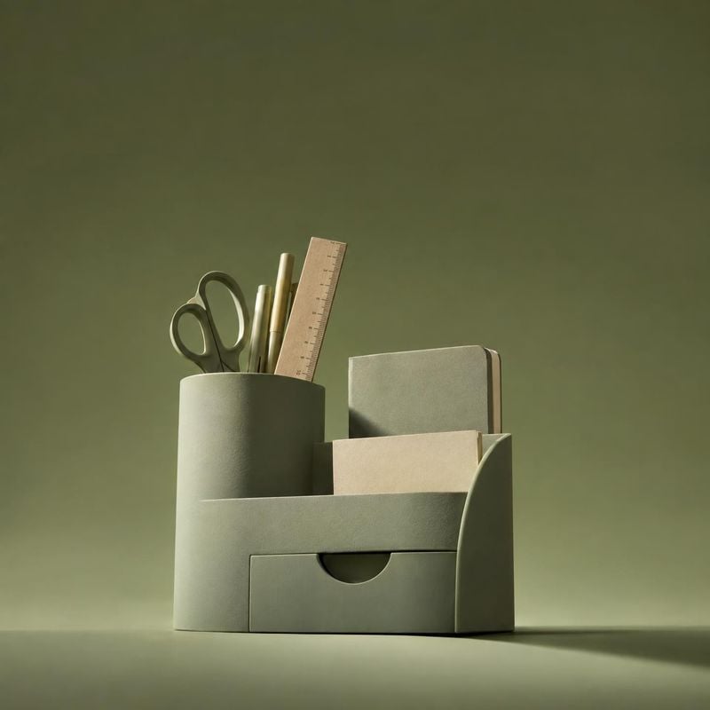 desk organizer with stationery stationery product photo: A muted olive desk organizer filled with scissors, pens, a ruler, and notebooks is styled against a se…