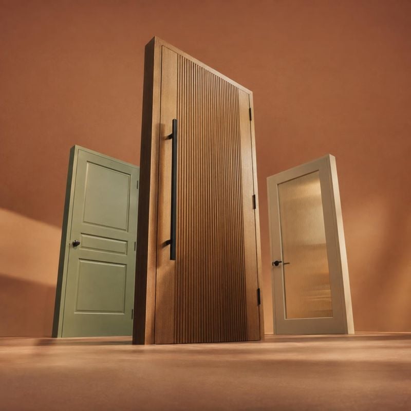 interior doors group lineup product photo: Three differently styled interior doors stand together against a warm terracotta studio backdrop, lit softly to emph…