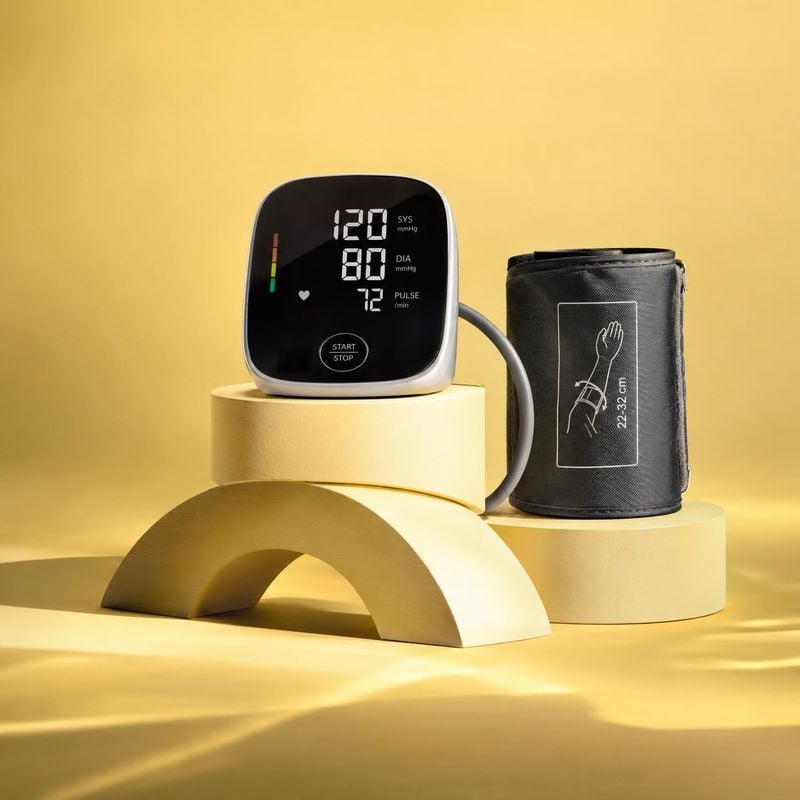 digital blood pressure monitor packshot product photo: A digital blood pressure monitor and cuff are arranged on sculptural cream pedestals against a warm yell…
