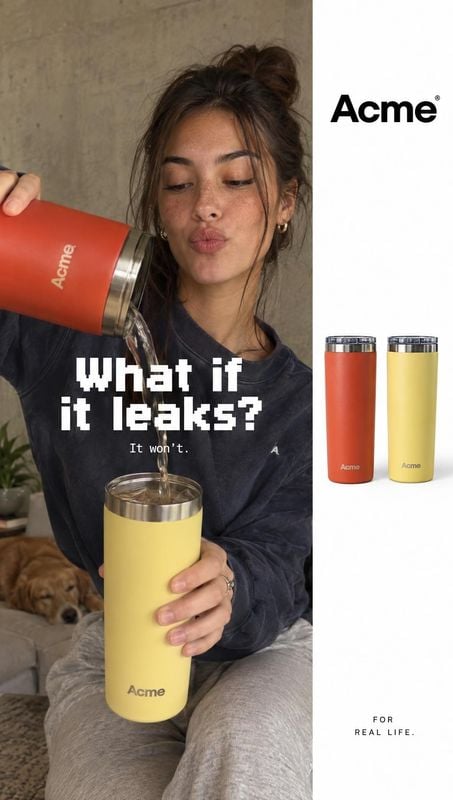 insulated tumblers lifestyle scene product photo: A woman pours from a red insulated tumbler into a yellow one in a cozy home, alongside a clean product lineup…