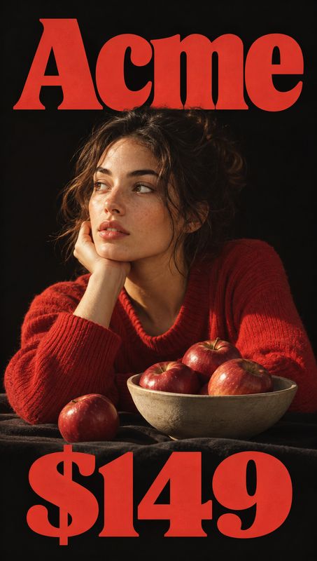 red knit sweater model try-on product photo: A woman in a vivid red knit sweater rests her chin on her hand beside a bowl of apples, warmly lit against a dark…