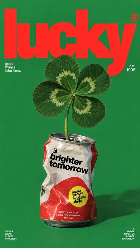 canned drink still life product photo: A crushed red-and-white can with a clover growing from it sits against a vivid green studio backdrop, beneath oversized…