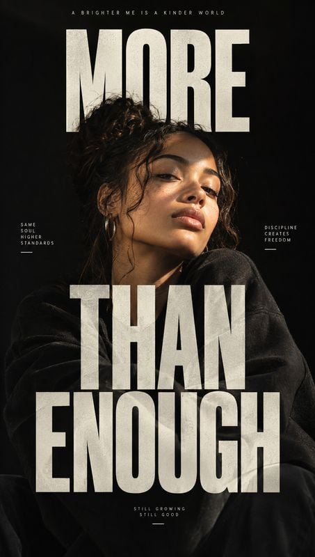 model try-on product photo: A woman in a black sweatshirt poses against a dark studio backdrop, warmly lit as oversized cream typography frames her portrait in…