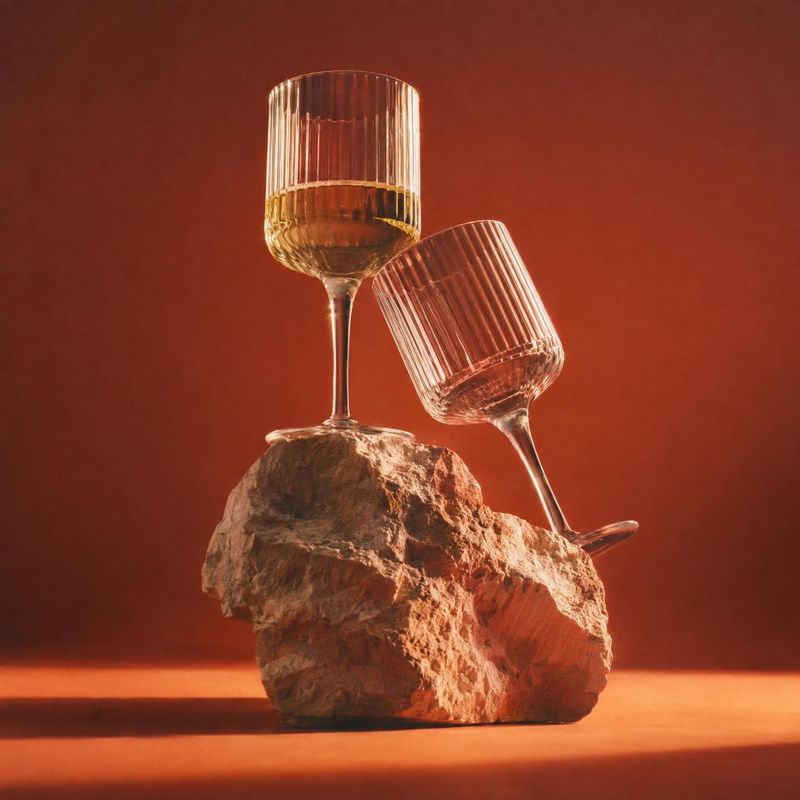 ribbed drinking glasses home product photo: Two ribbed glass goblets, one holding a little amber liquid, balance on a rugged rock against a warm terracotta stu…