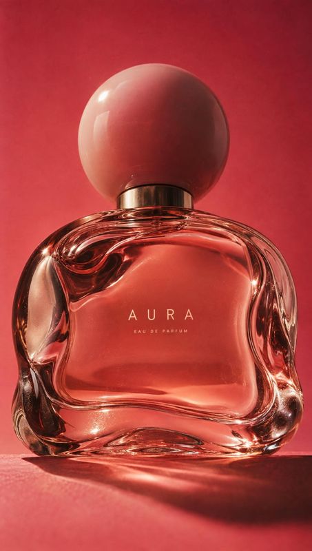 perfume packshot product photo: A sculptural glass perfume bottle with a spherical cap stands against a warm red backdrop, lit with glossy highlights for a pol…
