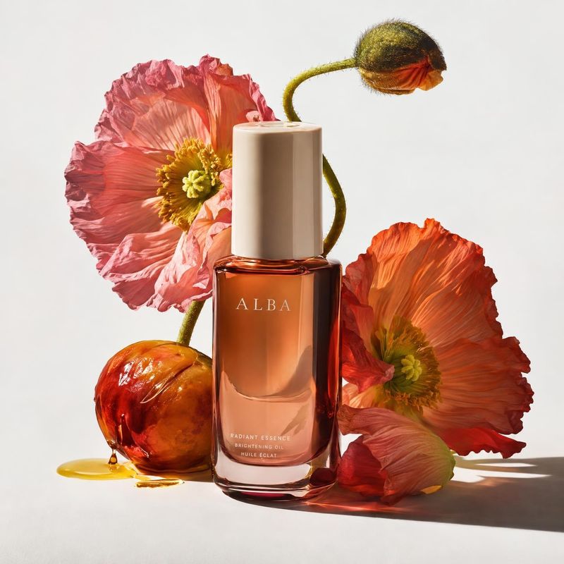 brightening oil ingredients product photo: An amber bottle of brightening oil stands among vivid poppies and glossy fruit against a pale studio backdrop, lit w…