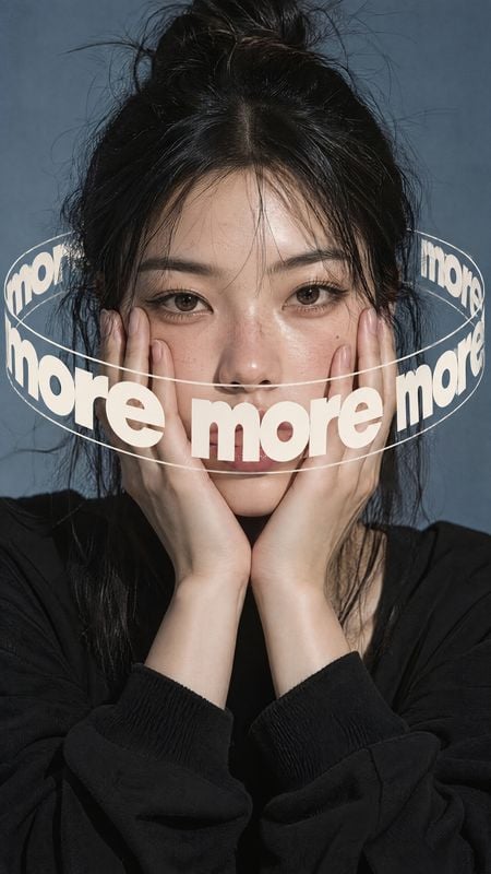 beauty close-up product photo: A woman in a black top cups her face against a muted blue studio backdrop, framed by large cream lettering that repeats “more” i…