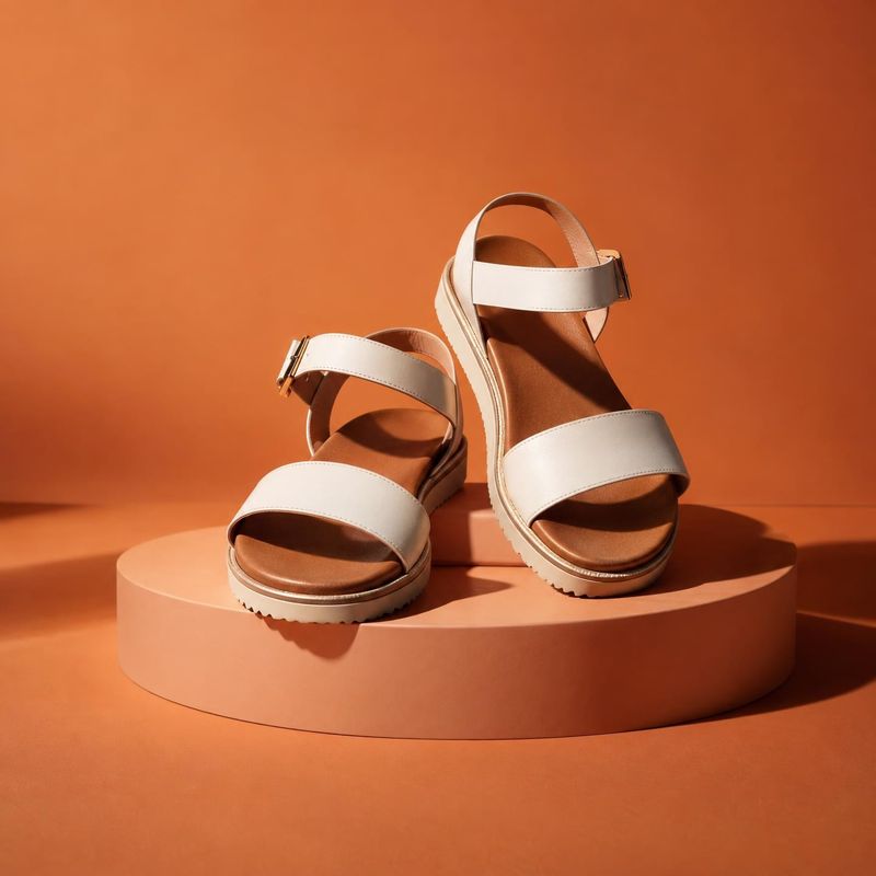 sandals packshot product photo: A pair of white platform sandals is arranged on a peach pedestal against a warm terracotta studio backdrop, with crisp directio…