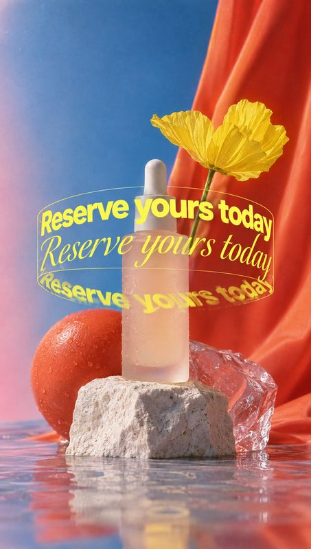 skincare serum bottle still life product photo: A translucent skincare bottle stands on a stone block among fruit and water, with a yellow flower and flowing r…