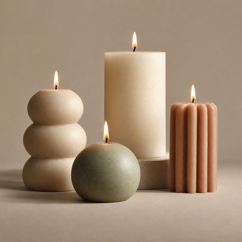candles group lineup product photo: A coordinated group of sculptural candles in muted neutral tones is arranged against a warm beige studio backdrop, softly l…
