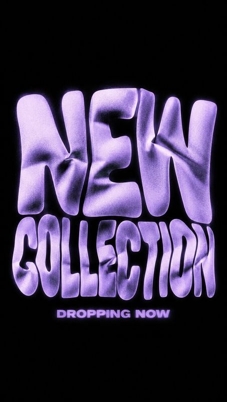 posters product photo: Large, softly distorted lavender lettering announces a new collection against a stark black background, creating a bold, high-contrast l…