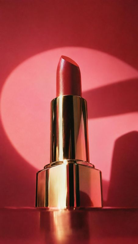 lipstick packshot product photo: A red lipstick in a reflective gold case stands against a vivid pink-red studio backdrop, with dramatic directional light cast…