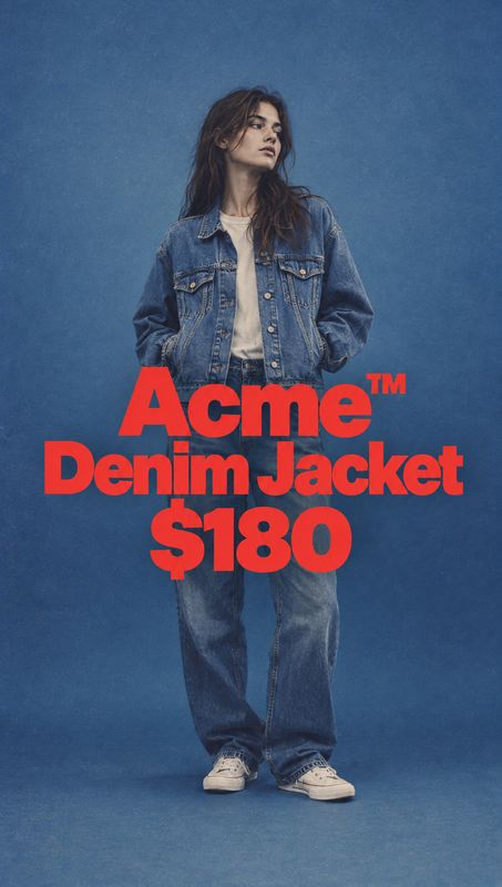 denim jacket model try-on product photo: A model wears a denim jacket and matching jeans against a textured blue studio backdrop, with bold red promotional let…