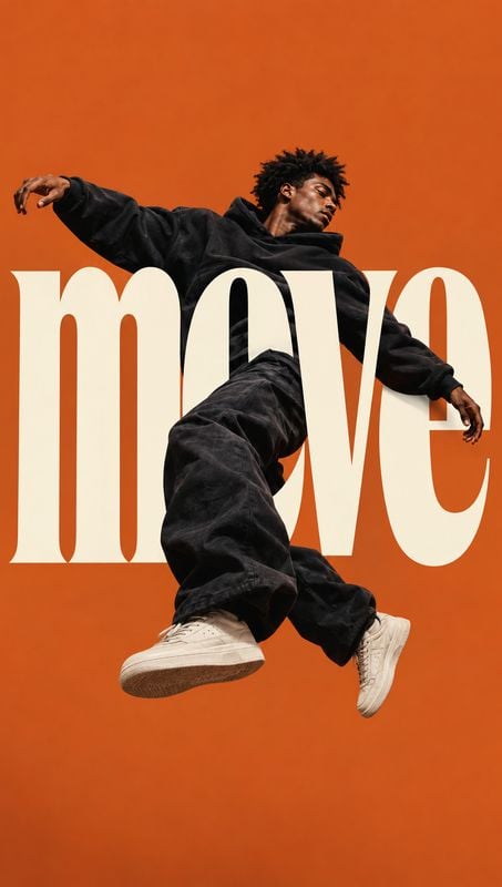 streetwear outfit and sneakers action & motion product photo: A male model in black streetwear and light sneakers appears suspended in a dynamic pose against a…