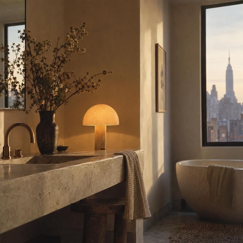 table lamp room set product photo: A softly glowing stone table lamp sits on a marble vanity in a warm, elegant bathroom, styled with branches and textured lin…