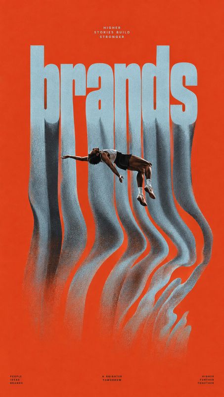 action & motion product photo: A lone athlete arches across oversized metallic-blue lettering on a vivid orange ground, with small white slogans adding an ener…