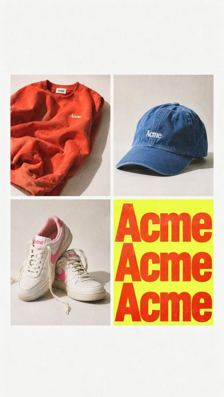 sweatshirt, cap, and sneakers still life product photo: A graphic collage pairs a red sweatshirt, blue cap, and white sneakers with oversized red lettering on…