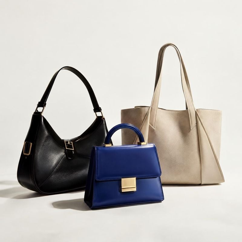 handbags group lineup product photo: Three structured handbags in black, cobalt blue, and warm beige are arranged on a pale studio surface, with soft direction…