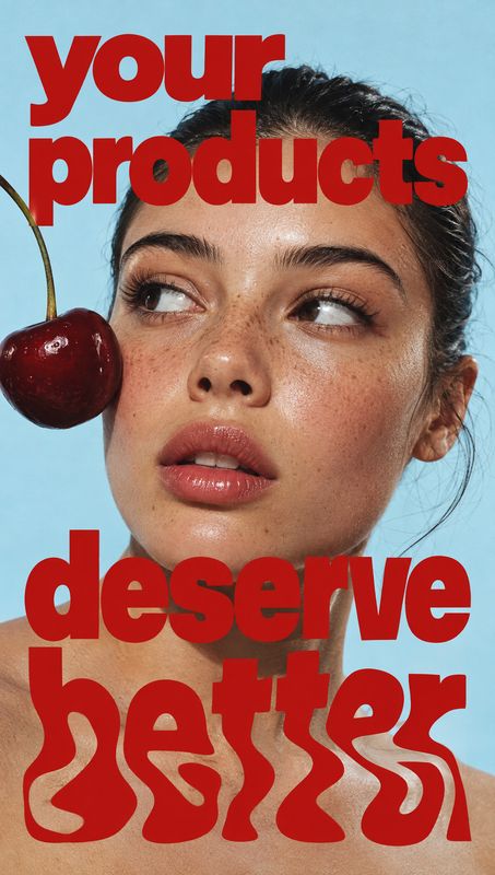 beauty close-up product photo: A close-up portrait of a woman with a cherry beside her face against a pale blue studio backdrop, overlaid with oversized red le…