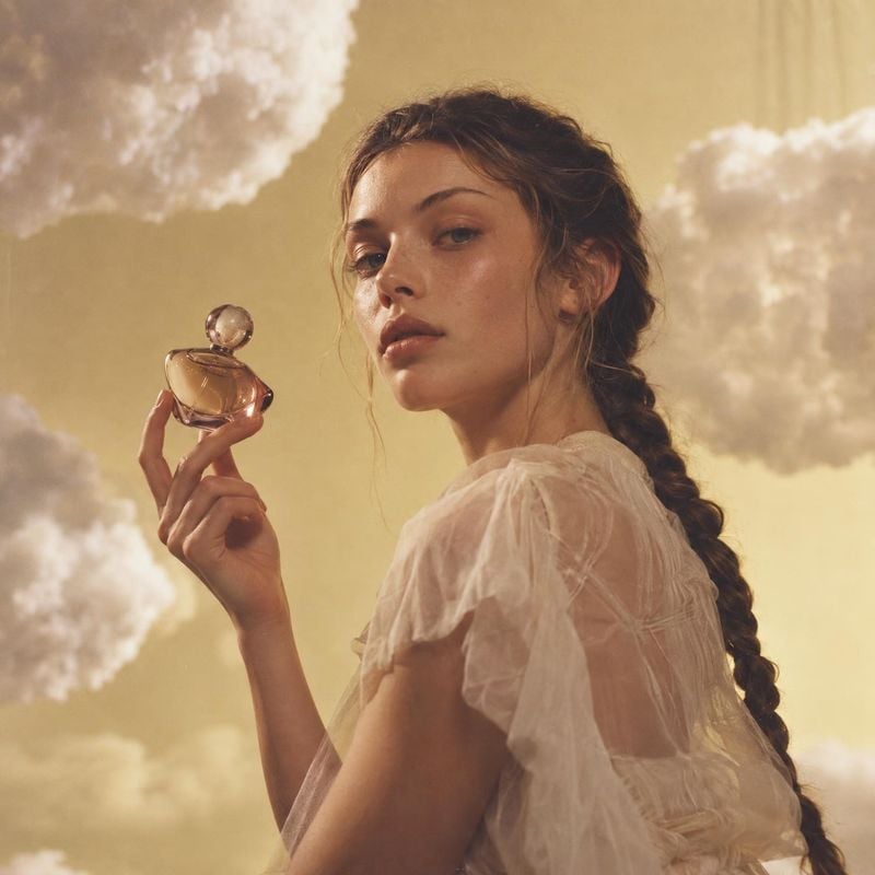 perfume beauty close-up product photo: A woman in a sheer ivory dress holds an amber perfume bottle against a softly clouded golden backdrop, creating a dreamy…