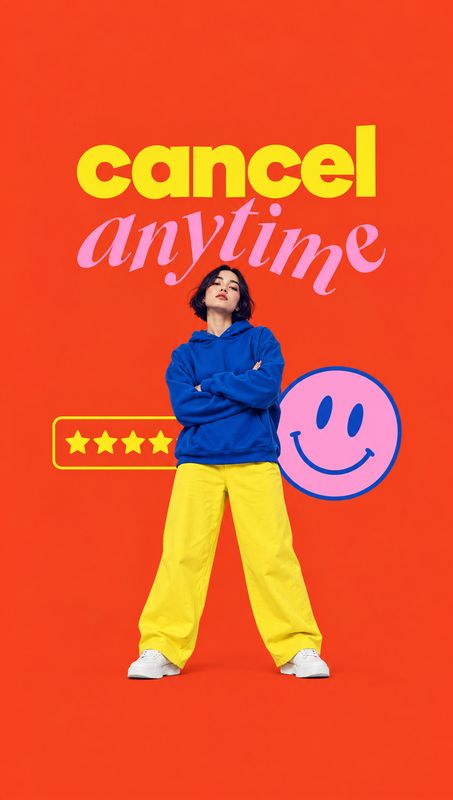 blue hoodie and yellow pants posters product photo: A model in a vivid blue hoodie and yellow trousers stands against a saturated red studio backdrop beneath b…