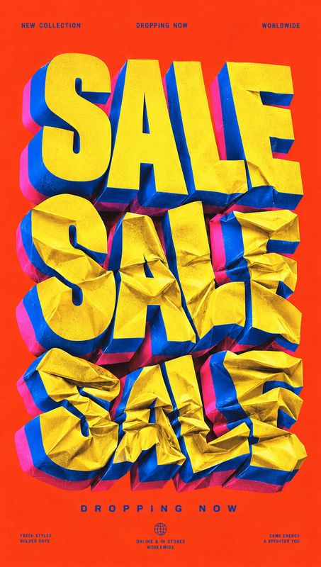 posters product photo: A vivid red sale poster features oversized crumpled yellow lettering with bold blue and pink dimensional shadows, creating a punchy, hig…