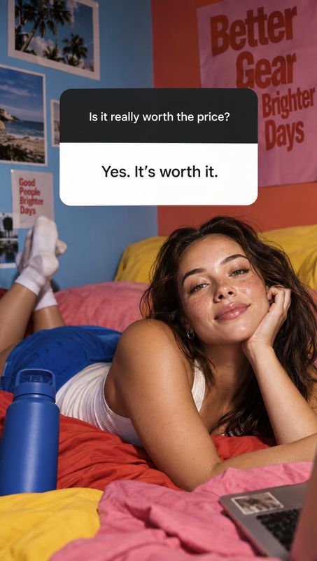 reusable water bottle lifestyle scene product photo: A woman lounges on a colorful bed beside a blue reusable bottle, with travel photos and posters on the wal…
