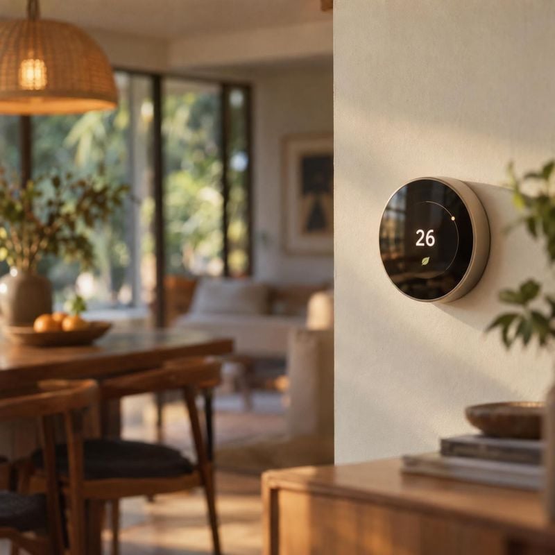 smart thermostat interior space product photo: A round smart thermostat displaying 26 is mounted on a warm cream wall beside a softly lit dining area, with nat…