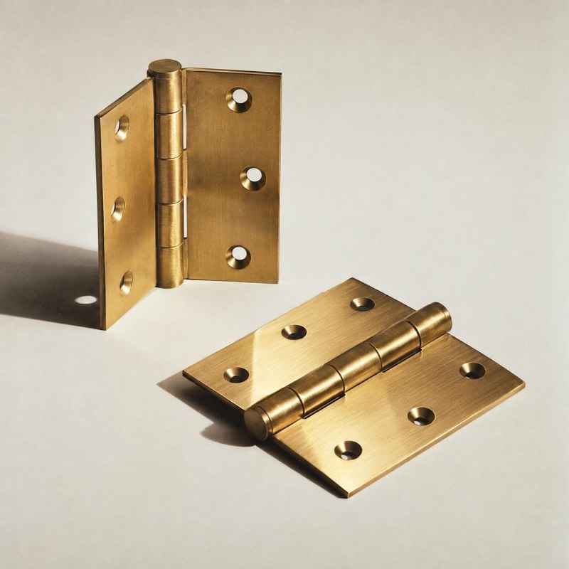 brass door hinges packshot product photo: Two polished brass hinges are arranged at different angles on a pale seamless surface, with warm directional light em…