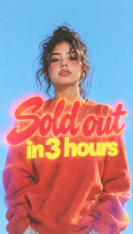 orange sweatshirt model try-on product photo: A model in an orange sweatshirt poses against a bright blue studio backdrop, with glowing red and yellow “Sold ou…