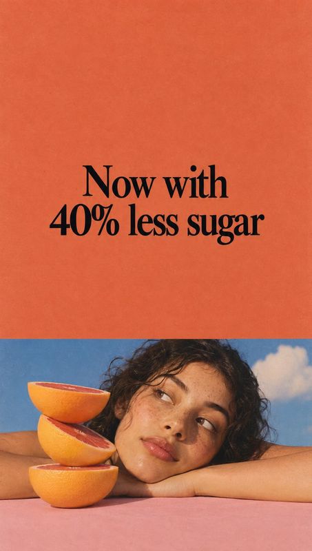 beauty close-up product photo: A woman rests her arms on a pink surface beside stacked grapefruit halves beneath a bold black sugar-reduction headline on a viv…