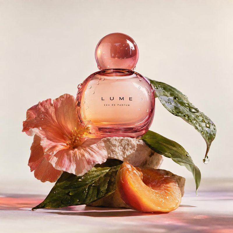 eau de parfum ingredients product photo: A pink glass perfume bottle rests among a hibiscus flower, glossy leaves, and a peach slice against a warm pale backdr…