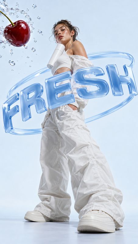 white handheld beauty device model try-on product photo: A model in a white cropped top and oversized trousers poses against a pale studio backdrop, with a whi…