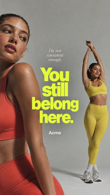 athletic apparel model try-on product photo: Two views of a woman in coral and yellow activewear pose against a gray studio backdrop, with bold neon-yellow cam…