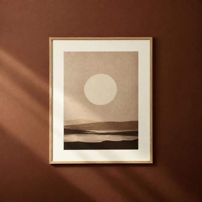 framed abstract landscape print lifestyle scene product photo: A minimalist framed landscape print hangs on a warm terracotta wall, lit by soft angled sunlight…