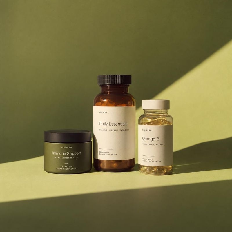 dietary supplement set group lineup product photo: Three amber supplement containers stand together against a muted green backdrop, with crisp diagonal sunligh…