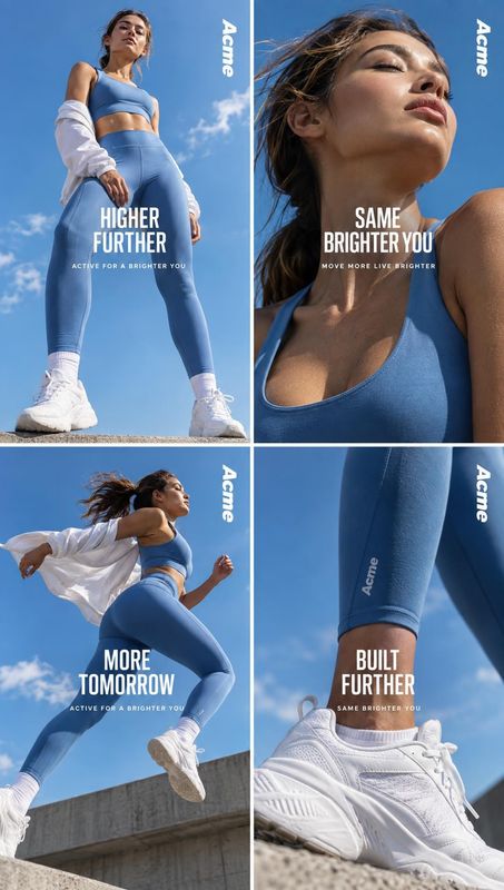 blue activewear and white sneakers model try-on product photo: A woman models a blue athletic set and white sneakers in four sunlit outdoor campaign panels, wi…