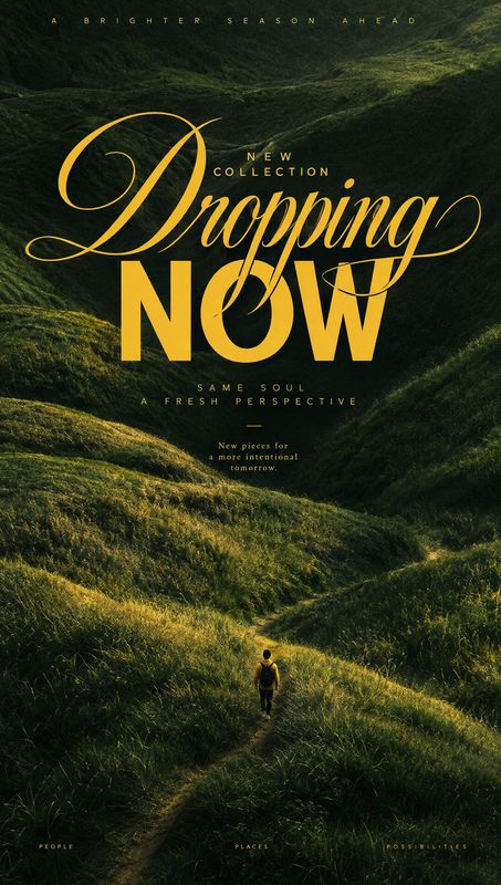 posters product photo: A lone hiker walks through a deep-green mountain landscape beneath oversized gold script and bold lettering, creating a dramatic new-col…