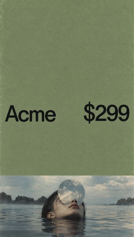 beauty close-up product photo: A woman floats in calm open water beneath a muted green panel with bold black “Acme” and “$299” typography, creating a subdued,…