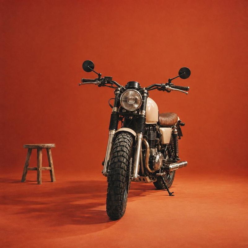 motorcycle vehicle exterior product photo: A vintage-style cream motorcycle stands beside a wooden stool against a warm terracotta studio backdrop, lit with so…