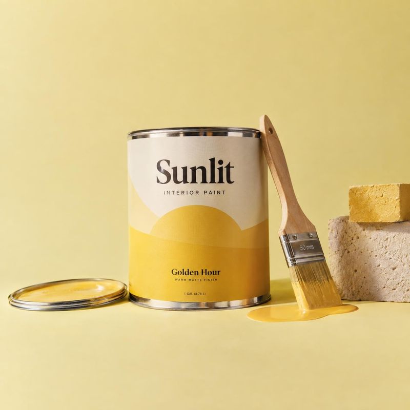 interior paint packshot product photo: A can of golden-yellow interior paint, its lid and a brush arranged beside paint-smeared blocks on a matching yellow stu…