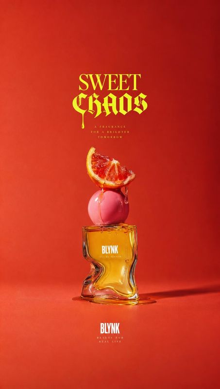 perfume bottle still life product photo: A sculptural amber perfume bottle topped with a pink sphere and citrus wedge is staged against a vivid red studio back…