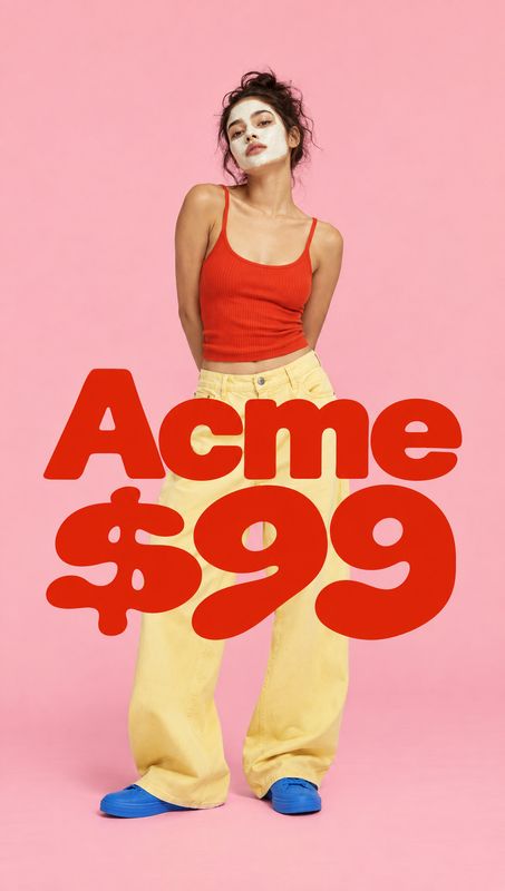yellow pants model try-on product photo: A model poses against a solid pink studio backdrop in a red top, loose yellow pants, and blue shoes, with bold red “Ac…