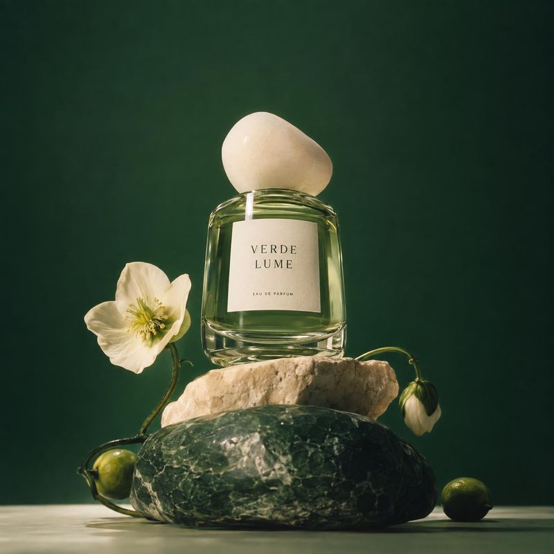 perfume ingredients product photo: A glass perfume bottle rests among pale stones, dark green rocks, and white blossoms against a deep green studio backdrop, c…