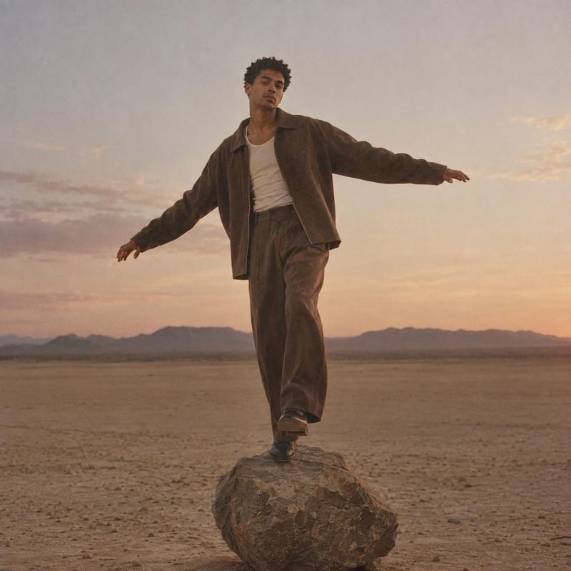 men's outfit action & motion product photo: A man in a relaxed brown jacket and trousers balances on a rock in an open desert, with warm sunset light and a cal…