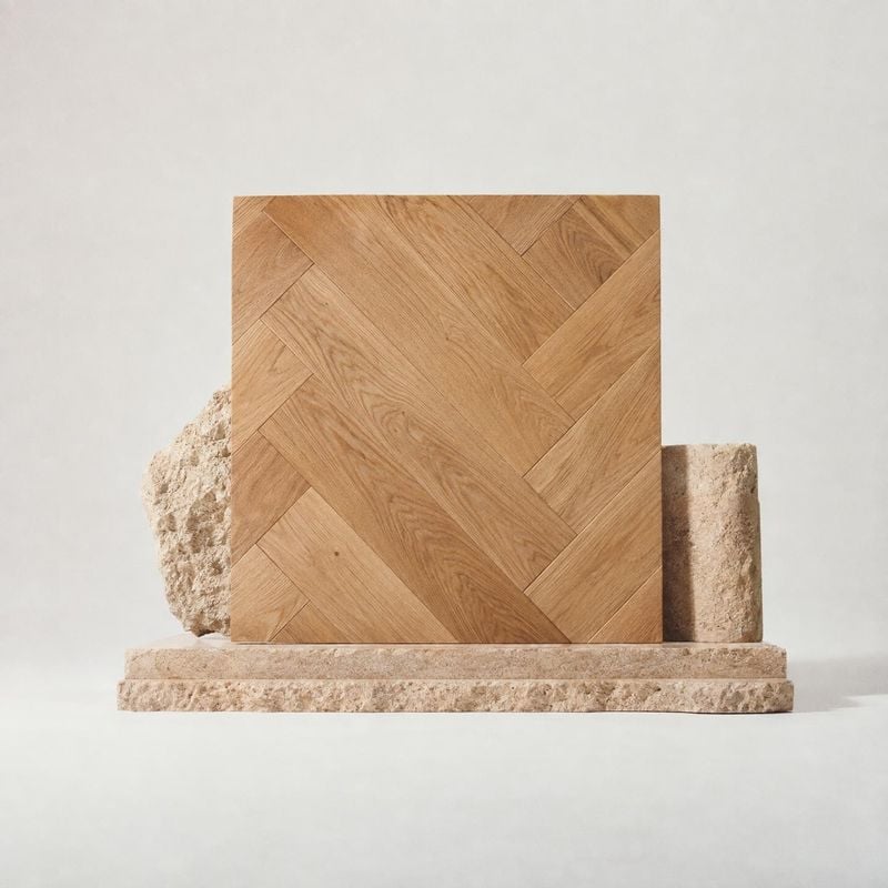 wood flooring sample close-up detail product photo: A geometric oak flooring sample stands upright on layered stone blocks against a pale studio backdrop, lit…