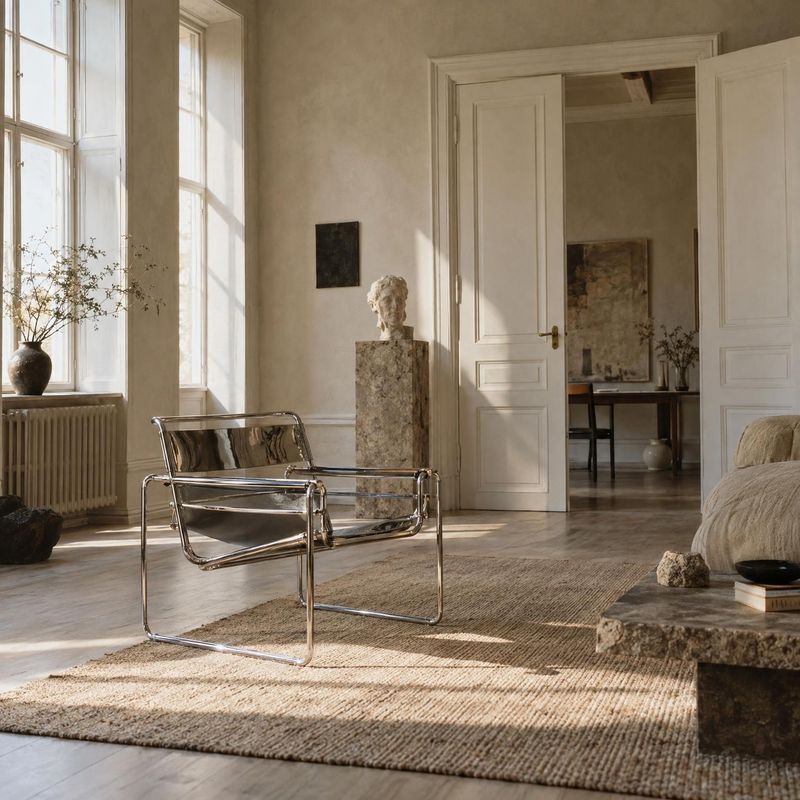 chrome lounge chair room set product photo: A reflective chrome lounge chair anchors a serene, refined interior with pale plaster walls, warm sunlight, natural…
