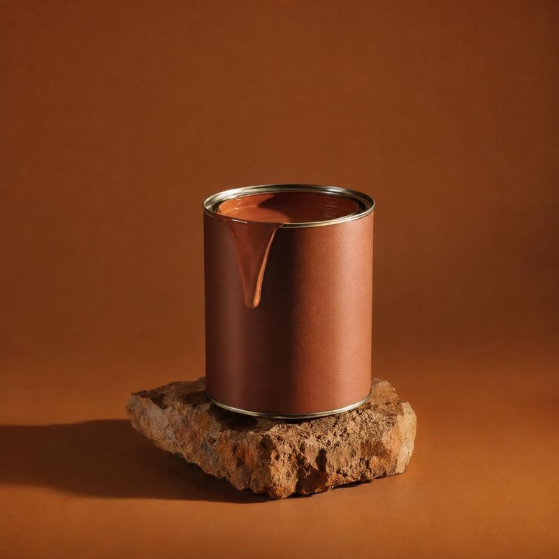 paint can close-up detail product photo: A copper-brown paint can with a glossy drip sits on a rough stone against a seamless terracotta backdrop, lit with war…