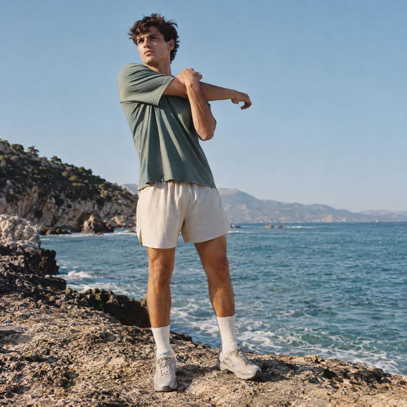 men’s casual outfit model try-on product photo: A young man in a muted green T-shirt, light shorts, white socks and sneakers stretches on a rocky shoreline in…